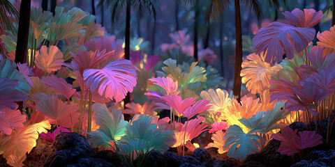 A futuristic neon jungle glowing with holographic plants and digital flora, sci-fi fantasy environment generated AI
