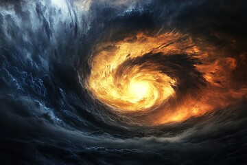 A colossal super typhoon swirls over a turbulent ocean, thick storm bands spiraling with intense motion and towering clouds under a glowing stormy sky