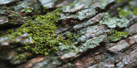 A detailed macro view of natural tree bark featuring rugged organic patterns, earthy tones and subtle moss accents, creating a textured eco-friendly background for environmental visual projects