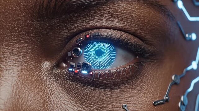 Cybernetic Eye Close-Up - A close-up shot features a brown human eye augmented with cybernetic implants.