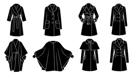 Collection of eight different womens trench coats and raincoats silhouettes in black and white isolated on transparent background