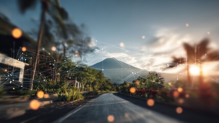 Road to mountain with digital network