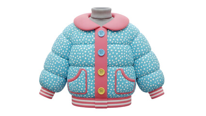Cute blue and pink polka dot puffer jacket for children on a mannequin isolated on transparent background
