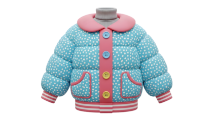Cute blue and pink polka dot puffer jacket for children on a mannequin isolated on transparent background