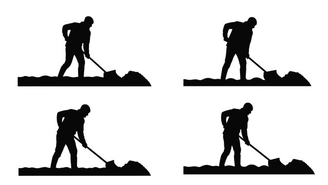 Set of four black silhouette illustrations of a person digging with a shovel
