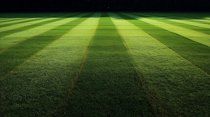 Obraz premium Night Time Striped Football Pitch Grass With Bright Green Mowing Lines Across Field