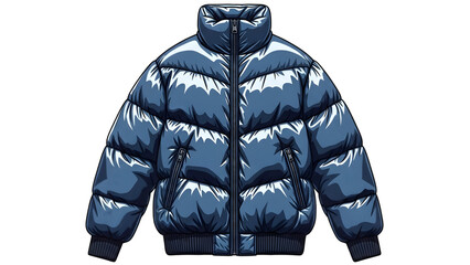 Shiny blue puffer jacket with high collar and zipper closure, winter outerwear fashion illustration isolated on transparent background
