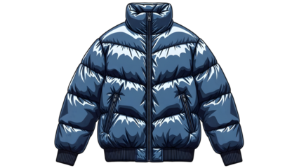 Shiny blue puffer jacket with high collar and zipper closure, winter outerwear fashion illustration isolated on transparent background
