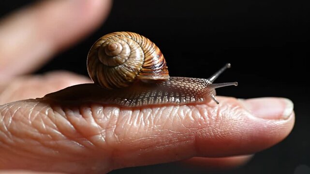 Snail Crawling on Finger - A garden snail with a brown and tan shell crawls across a human finger. The snail's body is speckled with tiny dots and it extends its antennae.