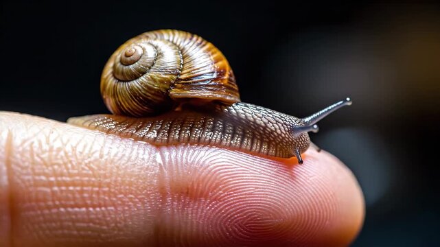 Snail on Human Finger - A macro shot captures a snail perched on a human finger, showcasing the intricate details of its shell and body.