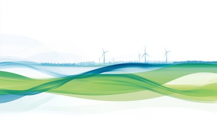 Obraz premium Vector illustration of a green energy city, on a white background with light colors. The image features green and blue color waves with wind turbines in the distance.