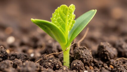 Fototapeta premium Young green plant emerging from soil closeup concept of growth and new life