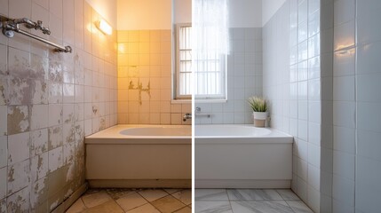 Comparison of a neglected bathroom and a modern, renovated space