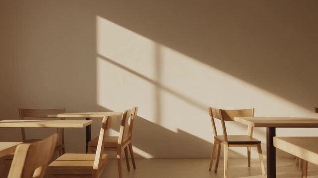 Empty wooden tables and chairs in a sunlit room with geometric shadows interior cafe