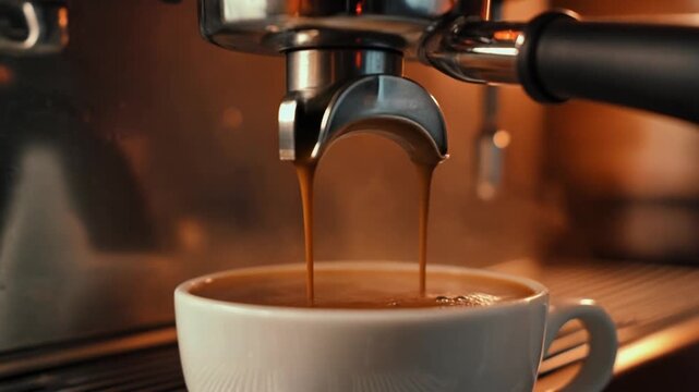 Espresso pouring from a coffee machine into a white cup portafilter