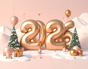 Golden 2022 balloons with christmas trees and festive decorations