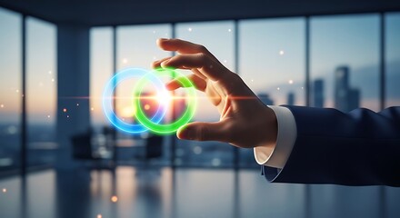 Hand holding intersecting blue and green glowing rings in office with city view image