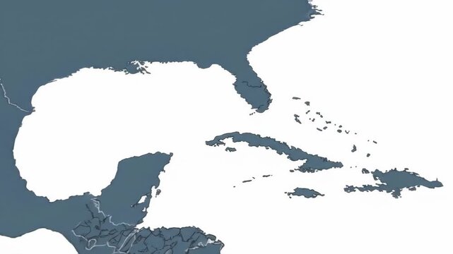 Caribbean Island Map Illustration - This video features a blue-grey map illustration of the Caribbean islands over a white background.