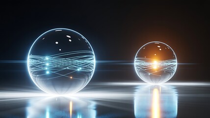 Abstract transparent spheres with glowing data lines and energy