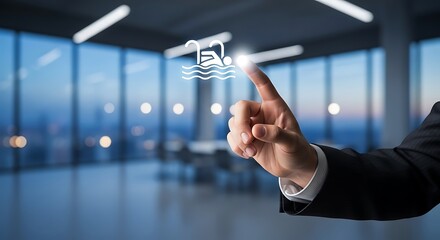 Hand touching glowing swimming pool icon in modern office with city view finger pointing