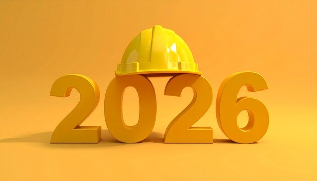Bold yellow 3D numbers "2026" on orange background with yellow construction hard hat on the zero.