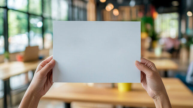 Manos de mujer sosteniendo una hoja de papel blanco vac&iacute;a horizontalmente sobre un fondo de cafeter&iacute;a desenfocado (Mockup).