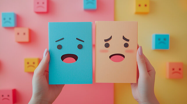 Manos sosteniendo cuadernos con expresiones faciales de sorpresa y preocupaci&oacute;n sobre fondo bicolor pastel con cubos tristes.