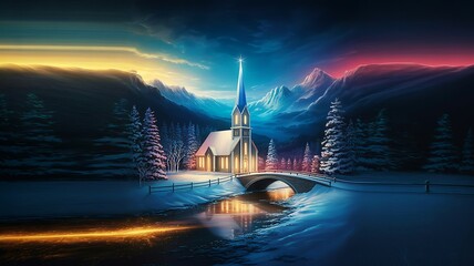 Majestic church, snowy landscape, bridge, vibrant twilight sky