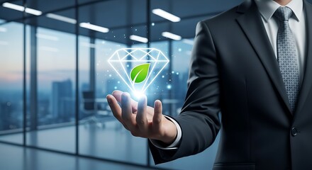 Plakat Man in suit holding glowing diamond with green leaf inside over city view image
