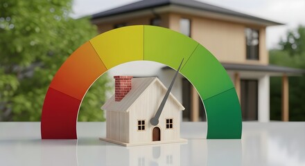 Home Energy Efficiency Rating Concept with Gauge in Front of Miniature House Model