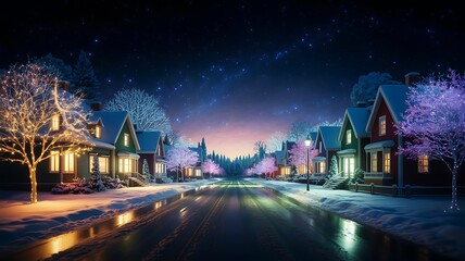 Cozy winter street with snow-covered houses and twinkling lights