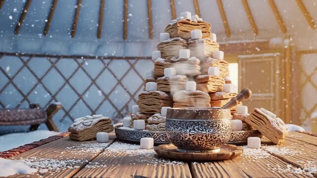 Tsagaan Sar celebration with stacked traditional Ul boov bread cake and rising milk tea steam in festive scene