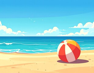 Obraz premium Cartoon beach scene featuring a colorful ball on the sand under a blue sky