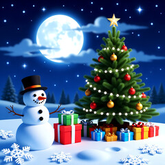Christmas night moon festive tree snowman gift magic winter celebration under starry sky with glowing decorations and joyful snowy holiday atmosphere