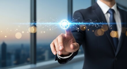 Man in suit touching glowing digital network interface with city view finger