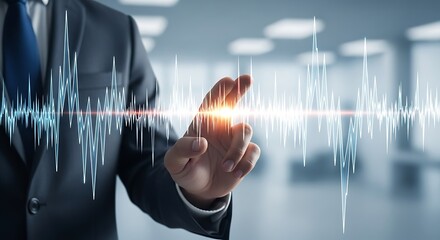 Man in suit touching glowing digital sound wave graph technology data