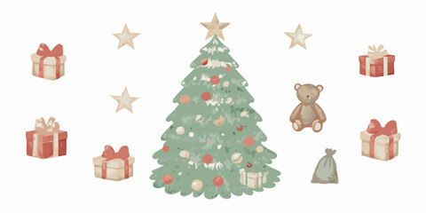 Watercolor christmas tree illustration with gifts stars and a teddy bear