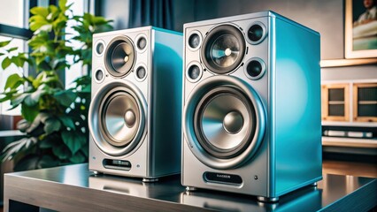Highend modern speaker system featuring sleek silver design and premium sound quality