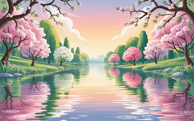 Obraz premium Serene Spring Landscape with Cherry Blossoms Reflecting in a Calm Lake Under a Pastel Sky