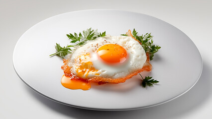 Crispy Fried Sunny Side Up Egg Garnished on Minimalist White Plate. Breakfast Meal, Gourmet Food, Culinary Art.