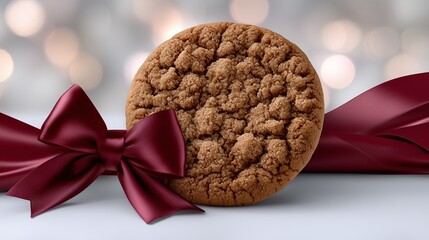 Cookie decorated with a red ribbon on a blurred background with lights