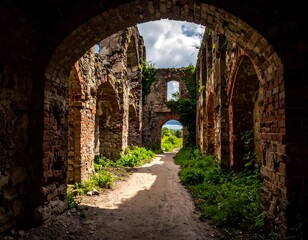 Ruined brick structure with archways and sunlit path