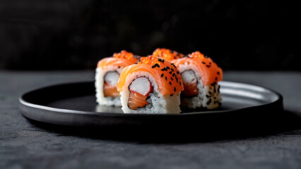 Crab Sushi Rolls and Salmon Topped with Roe on a Minimalist Black Plate. Japanese Cuisine, Gourmet Seafood, Fine Dining.