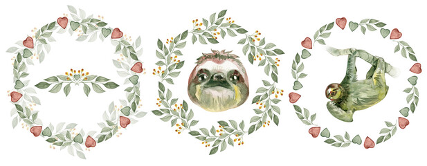Naklejka premium Watercolor illustration set of a sloth hanging on a branch inside a green wreath with yellow berries, hand-painted tropical animal art