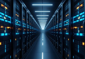 Big data center server racks hardware data network host room storage systems technology. 3d rendering.
