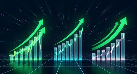 Three separate groups of modern abstract bar charts with rising green arrows across a dark digital background. Concept of financial market success, data analysis, and rapidly increasing 