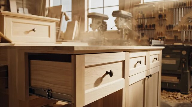 Sanding Wood Cabinet in Workshop - A gloved hand sands a wood cabinet in a woodworking shop. Dust particles float in the air illuminated by natural light streaming through windows.