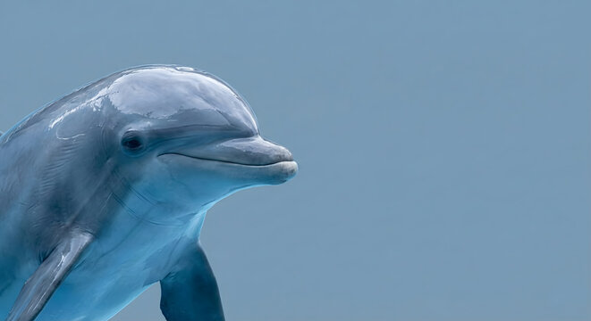 Portrait of cute bottlenose dolphin smiling isolated on blue background with copy space for text