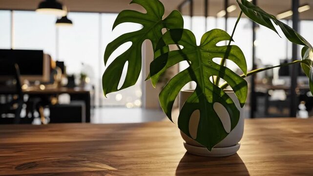Monstera Plant on Wooden Desk in Modern Office - A vibrant monstera plant sits in a white pot on a polished wooden desk, with a blurred modern office environment in the background.