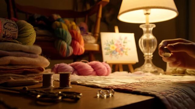 Cozy sewing and craft table with wool yarn and supplies